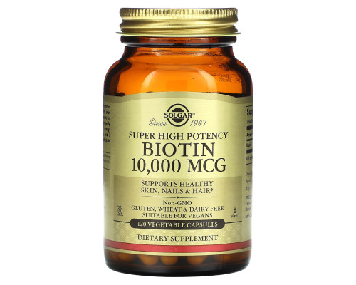 Биотин, Biotin, Solgar, сверхвысокой эффективности, 10000 мкг, 120 растительных капсул