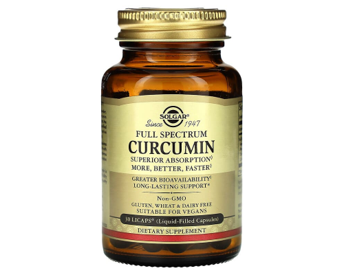 Куркумин, Curcumin, Solgar, полный спектр, 30 гелевых капсул