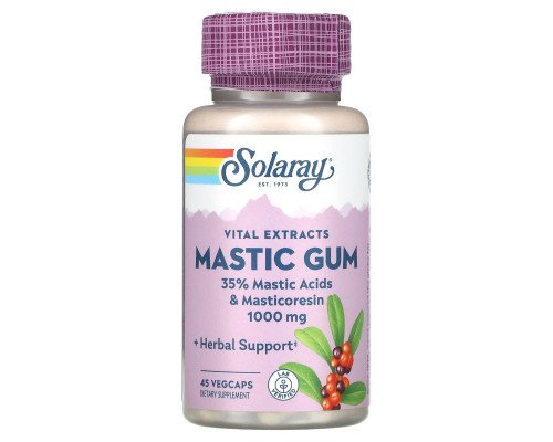 Смола мастикового дерева, экстракт, Mastic Gum, Solaray, 1000 мг, 45 вегетарианских капсул (500 мг на капсулу)