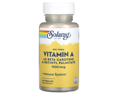 Витамин А, Dry Vitamin A, Solaray, 7500 мкг, 60 вегетарианских капсул