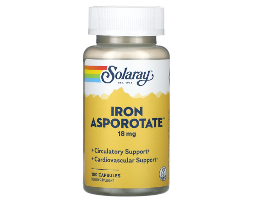 Железо, Iron Asporotate, Solaray, 18 мг, 100 капсул
