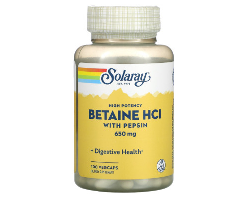 Бетаин HCl + пепсин, Betaine HCL with Pepsin, Solaray, высокоэффективный, 650 мг, 100 вегетарианских капсул