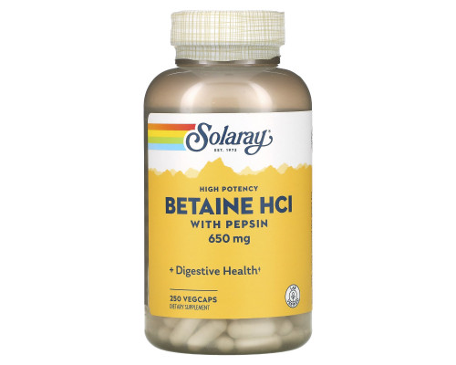 Бетаин HCl + пепсин, HCL with Pepsin, Solaray, высокоэффективный, 650 мг, 250 вегетарианских капсул