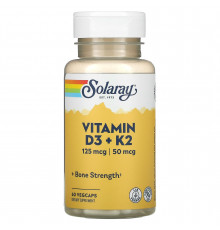 Витамин D3 и К2, Vitamin D-3 & K-2, Solaray, без сои, 60 растительных капсул