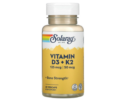 Витамин D3 и К2, Vitamin D-3 & K-2, Solaray, без сои, 60 растительных капсул