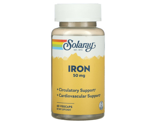Железо, Iron, Solaray, 50 мг, 60 капсул