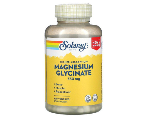 Магний глицинат, Magnesium Glycinate, Solaray, высокая абсорбция, 350 мг, 120 вегетарианских капсул