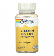 Витамины D3 и К2, Vitamin D-3 + K-2, Solaray, без сои, 120 капсул