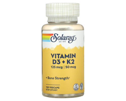 Витамины D3 и К2, Vitamin D-3 + K-2, Solaray, без сои, 120 капсул