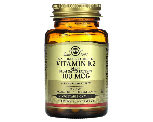 Вітамін К2, Naturally Sourced Vitamin K2, Solgar, натуральний, 100 мкг, 50 вегетаріанських капсул