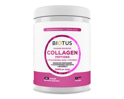 Морские коллагеновые пептиды с гиалуроновой кислотой и витамином С, Marine Sourced Collagen Peptidеs + Hyaluronic Acid + Vitamin C, Biotus, 5000 мг, 400 г