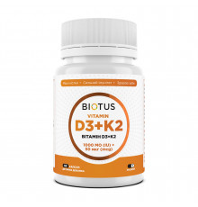 Витамин D3+К2, Vitamin D3+K2, Biotus, 1000 МЕ/50 мкг, 60 капсул