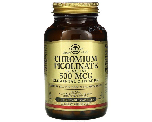 Хром пиколинат, Chromium Picolinate, Solgar, 500 мкг, 120 вегетарианских капсул