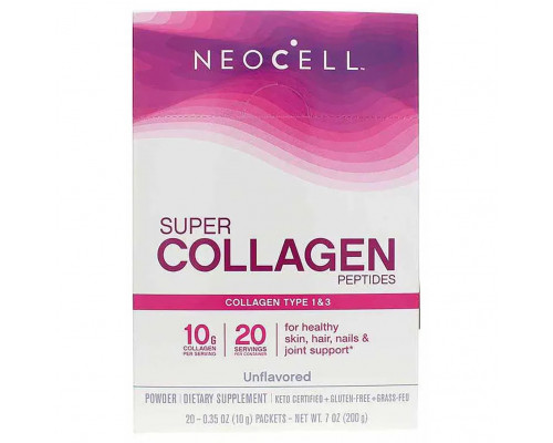 Коллагеновые пептиды, Super Collagen Peptides, Neocell, без вкуса, 20 стиков, по 10 г каждый