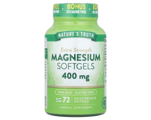 Магний, Magnesium, Nature's Truth, экстра сила, 400 мг, 72 гелевых капсул быстрого высвобождения