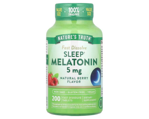 Мелатонин для сна, Sleep Melatonin, Nature's Truth, вкус ягод, 5 мг, 200 быстрорастворимых таблеток