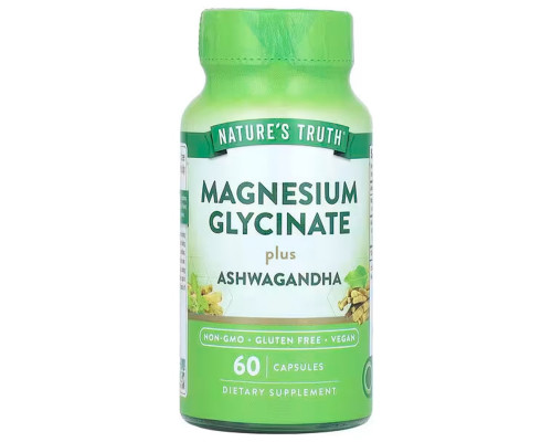 Магний глицинат плюс ашваганда, Magnesium Glycinate Plus Ashwagandha, Nature's Truth, 60 капсул