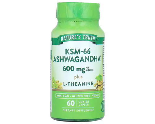 Ашваганда плюс L-Теанин, KSM-66, Ashwagandha Plus L-Theanine, Nature's Truth, 600 мг, 60 каплет (300 мг на каплету)