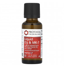 Витамины D3 и К-2 (MK-7), Liquid D3 & MK-7, Protocol for Life Balance, жидкие, 30 мл
