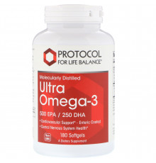 Омега-3 ультра, Ultra Omega-3, Protocol for Life Balance, молекулярно-дистиллированная, 500 EPA / 250 DHA, 180 мягких желатиновых капсул