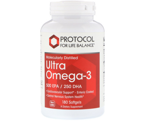 Омега-3 ультра, Ultra Omega-3, Protocol for Life Balance, молекулярно-дистиллированная, 500 EPA / 250 DHA, 180 мягких желатиновых капсул