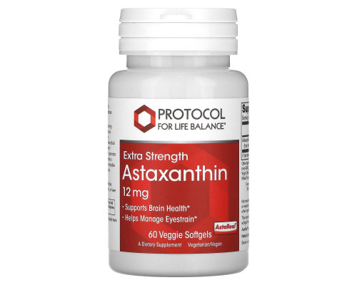 Астаксантин, Astaxanthin, Protocol for Life Balance, повышенная сила, 12 мг, 60 растительных гелевых капсул
