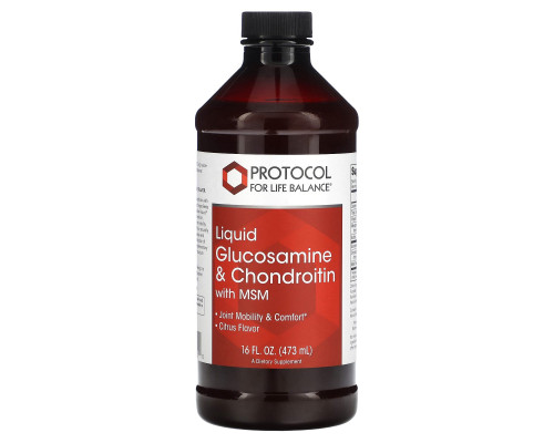 Глюкозамин и хондроитин с МСМ, Liquid Glucosamine & Chondroitin with MSM, Protocol for Life Balance, жидкий, вкус цитрус, 473 мл