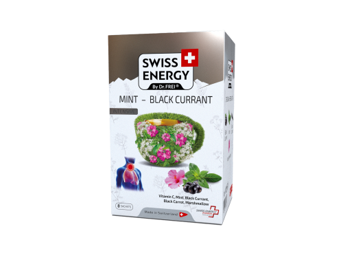 Чай от простуды, Herbal tea MINT - BLACK CURRANT, Swiss Energy, от кашля, боли в горле и заложенности носа, альпийские травы, мята и черная смородина, 8 пакетиков