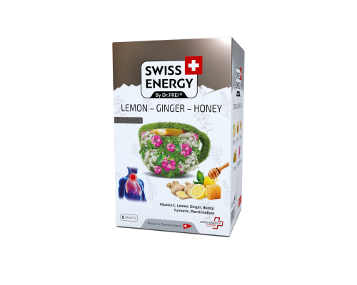 Чай от простуды, Herbal tea LEMON - GINGER - HONEY, Swiss Energy, от кашля, боли в горле и заложенности носа, альпийские травы, лимон, имбирь и мед, 8 пакетиков