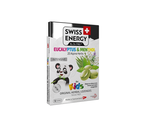 Леденцы от простуды, для детей, Herbal Lozenges Blister 20 herbs + Eucalyptus and Menthol for kids, Swiss Energy, от кашля, боли в горле и заложенности носа, 20 альпийский трав, ментол и эвкалипт, 12 травяных леденцов