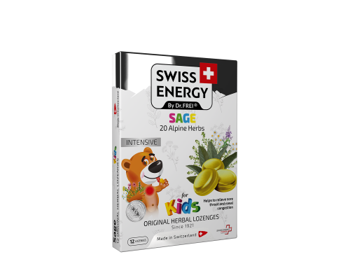 Леденцы от простуды, для детей, Herbal Lozenges Blister 20 herbs + Sage for kids, Swiss Energy, от кашля, боли в горле и заложенности носа, 20 альпийский трав и шалфей, 12 травяных леденцов