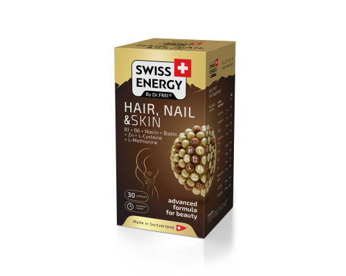 Здоровье кожи, волос и ногтей, HAIR, NAIL & SKIN B1+B6+Niacin+Biotin+Zn+L-Cys+L-Met, Swiss Energy, 30 капсул