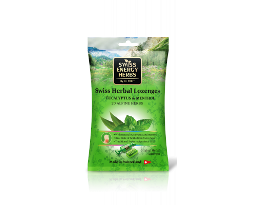 Леденцы от простуды, Herbal Lozenges Bag 20 herbs + Eucalyptus and Menthol, Swiss Energy, от кашля, боли в горле и заложенности носа, 20 альпийский трав, ментол и эвкалипт, 12 травяных леденцов (55 г)