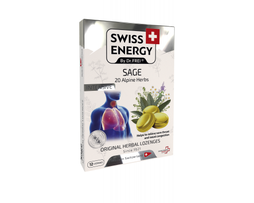 Леденцы от простуды, Herbal Lozenges Blister 20 herbs + Sage, Swiss Energy, от кашля, боли в горле и заложенности носа, 20 альпийский трав и шалфей, 12 травяных леденцов
