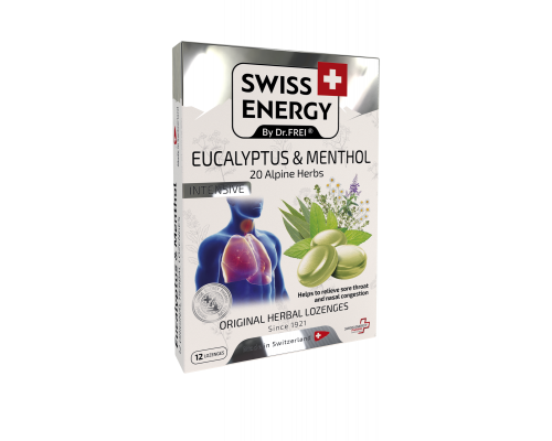 Леденцы от простуды, Herbal Lozenges Blister 20 herbs + Eucalyptus and Menthol, Swiss Energy, от кашля, боли в горле и заложенности носа, 20 альпийский трав, ментол и эвкалипт, 12 травяных леденцов