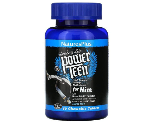 Витамины для парней, Power Teen For Him, Nature's Plus, Source of Life, ягодный вкус, без сахара, 60 таблеток