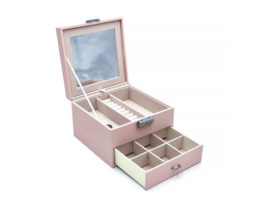 Шкатулка Casegrace SP-01143 для украшений и ювелирных изделий двухуровневая с зеркалом на замке с ключом 16*16*11 см Pink