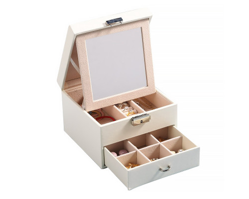 Шкатулка Casegrace SP-01143 для украшений и ювелирных изделий двухуровневая с зеркалом на замке с ключом 16*16*11 см White