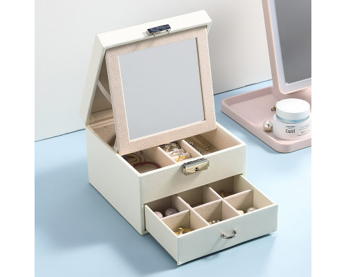 Шкатулка Casegrace SP-01143 для украшений и ювелирных изделий двухуровневая с зеркалом на замке с ключом 16*16*11 см White