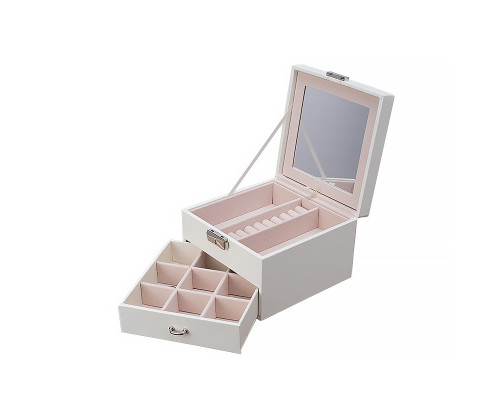 Шкатулка Casegrace SP-01143 для украшений и ювелирных изделий двухуровневая с зеркалом на замке с ключом 16*16*11 см White