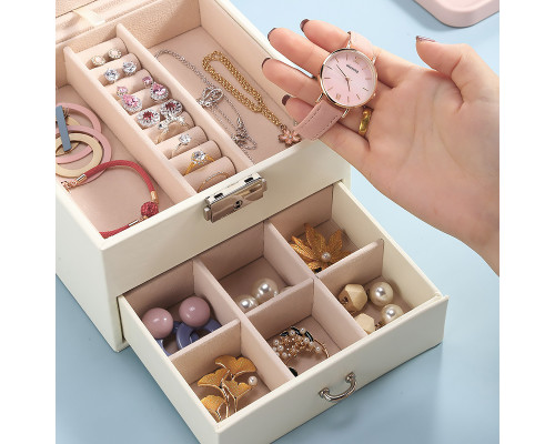 Шкатулка Casegrace SP-01143 для украшений и ювелирных изделий двухуровневая с зеркалом на замке с ключом 16*16*11 см White