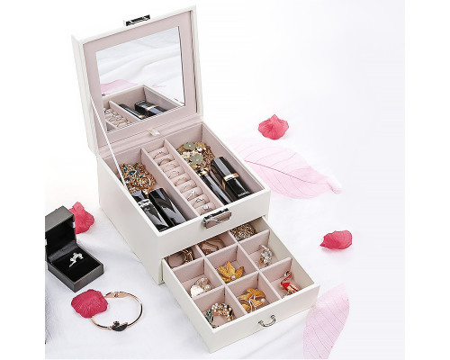 Шкатулка Casegrace SP-01143 для украшений и ювелирных изделий двухуровневая с зеркалом на замке с ключом 16*16*11 см White