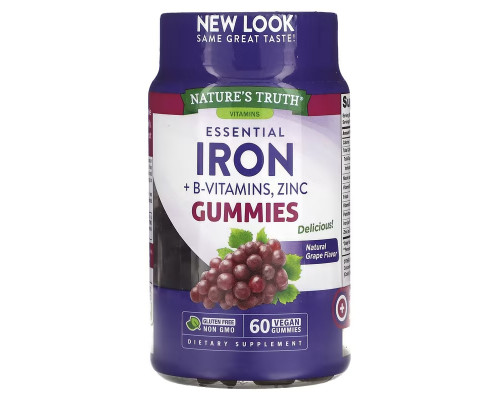 Залізо, вітаміни групи B, цинк, Essential Iron + B-Vitamins, Zinc, Nature's Truth, натуральний виноград, 60 веганських жувальних таблеток