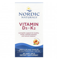 Вітаміни D3+K2, Vitamins D3+K2, Nordic Naturals, зі смаком апельсина, 60 гелевих капсул