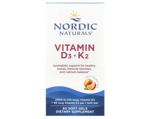Вітаміни D3+K2, Vitamins D3+K2, Nordic Naturals, зі смаком апельсина, 60 гелевих капсул