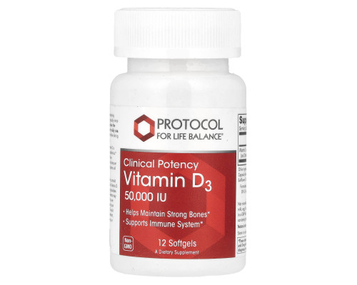 Вітамін D3, Vitamin D3, Protocol for Life Balance, клінічна сила, 50 000 МО, 12 гелевих капсул