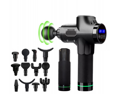 Масажер Massage Gun Max з 30 режимами, 12 насадками, запасною батареєю та кейсом (Чорний)